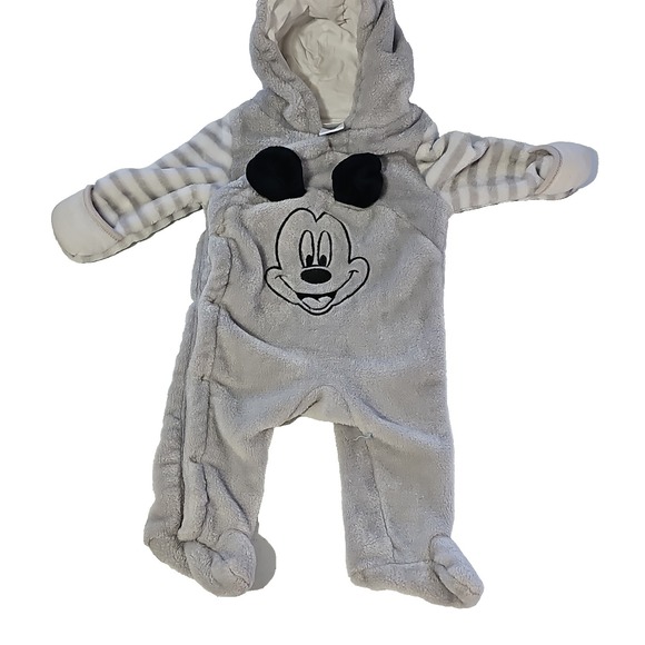 Disney Baby Other - Disney Baby Mickey Mouse Hooded Fleece Coverall One-Piece Gray Striped 0/3M